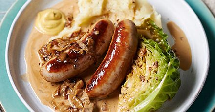 Sausage & Mash with Caramelised Onion Gravy & Hispi Cabbage